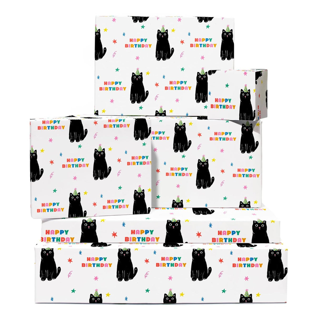 Cat Birthday Wrapping Paper - 6 Sheets Of Gift Wrap - Black Cats - Happy Birthday Text - White Gift Wrapping Paper For Men Women - Recyclable