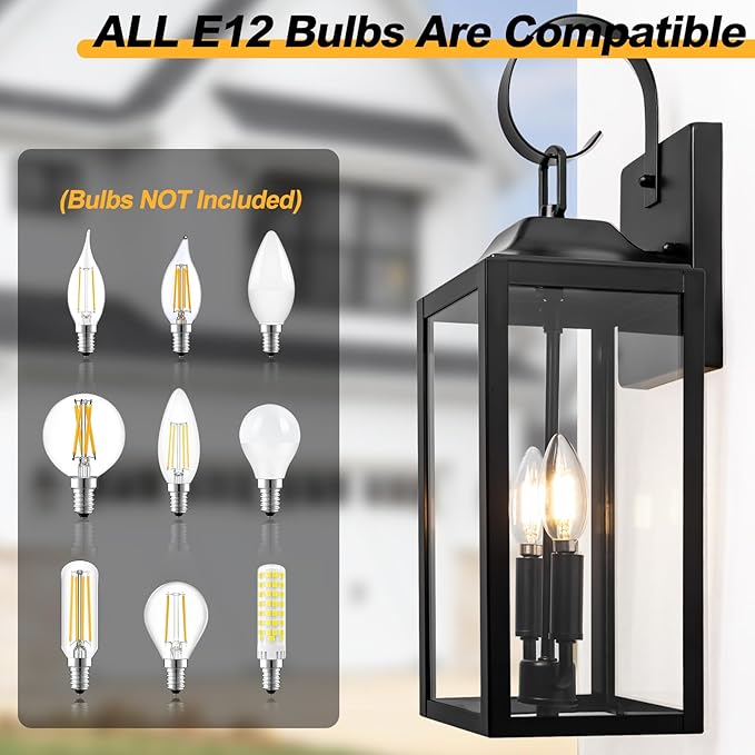 2 Pack 19 Inch Black Outdoor Wall Lights Farmhouse Lantern Porch Sconce Fixtures