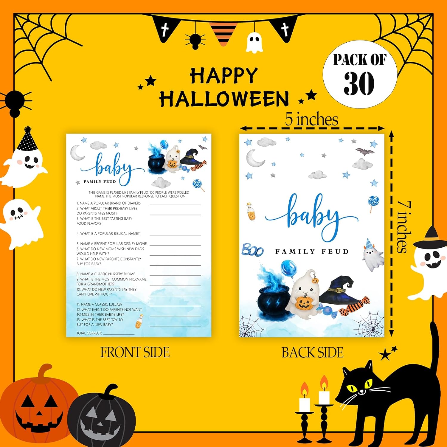 Hilarious Baby Shower Games, Halloween Baby Family Feud, 30 Double-Sided Game Cards & 1 Answer Card For Little Ghost Gender Reveal Spooky Party Favor Supplies - C08