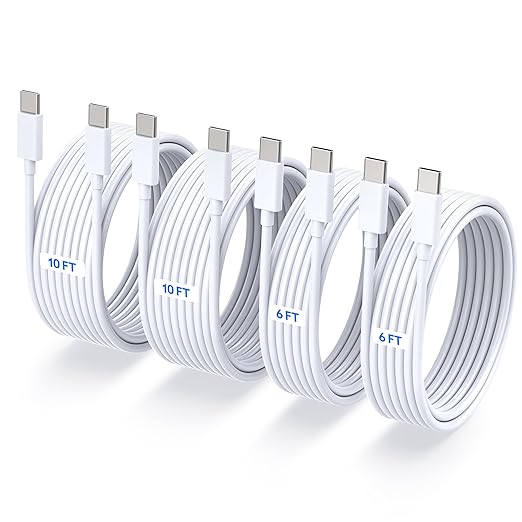 4 Pack USB C to USB C Fast Charging Cable 60W 6FT 10FT Type C Charger for iPhone 17 16 15 MacBook Samsung