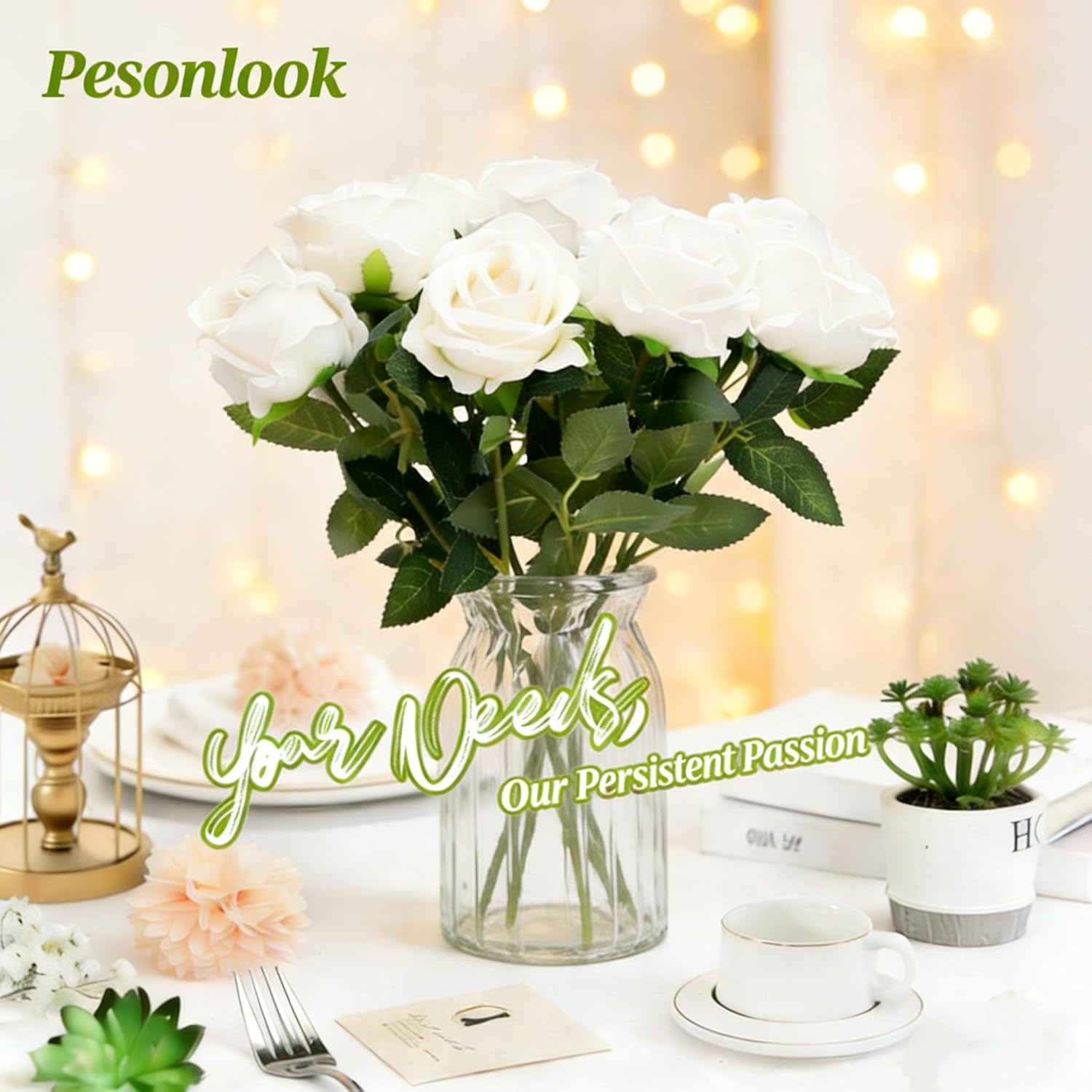 50 Pcs White Roses Artificial Flowers Bulk, White Flower Fake Velvet Silk Rose , Realistic Faux Artificial Roses With Stems Fake White Flower For Wedding, Bouquets ,Ceremony,Bridal Shower,Party