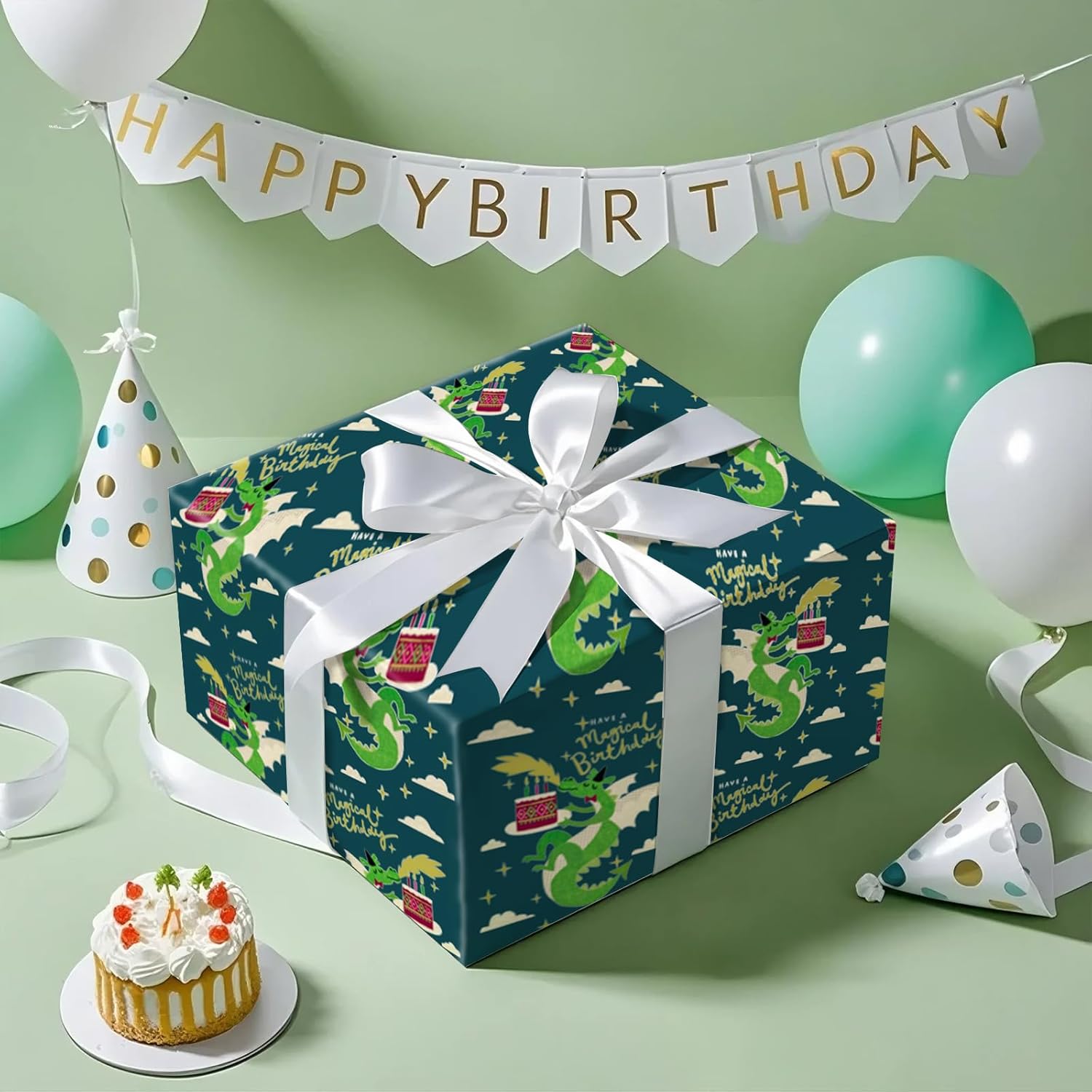 Birthday Wrapping Paper Roll For Boys Girls, Mini Roll, Magical Dragon And Cake Design With Have A Magical Birthday Text Design, Fantasy Gift Wrap For Kids Party, 17 Inches X 16.4 Feet