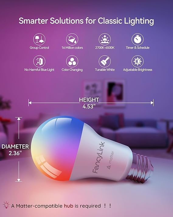 Matter Smart Light Bulbs 4 Pack A19 RGBCW Color Changing 800LM Alexa Google Apple Home Compatible