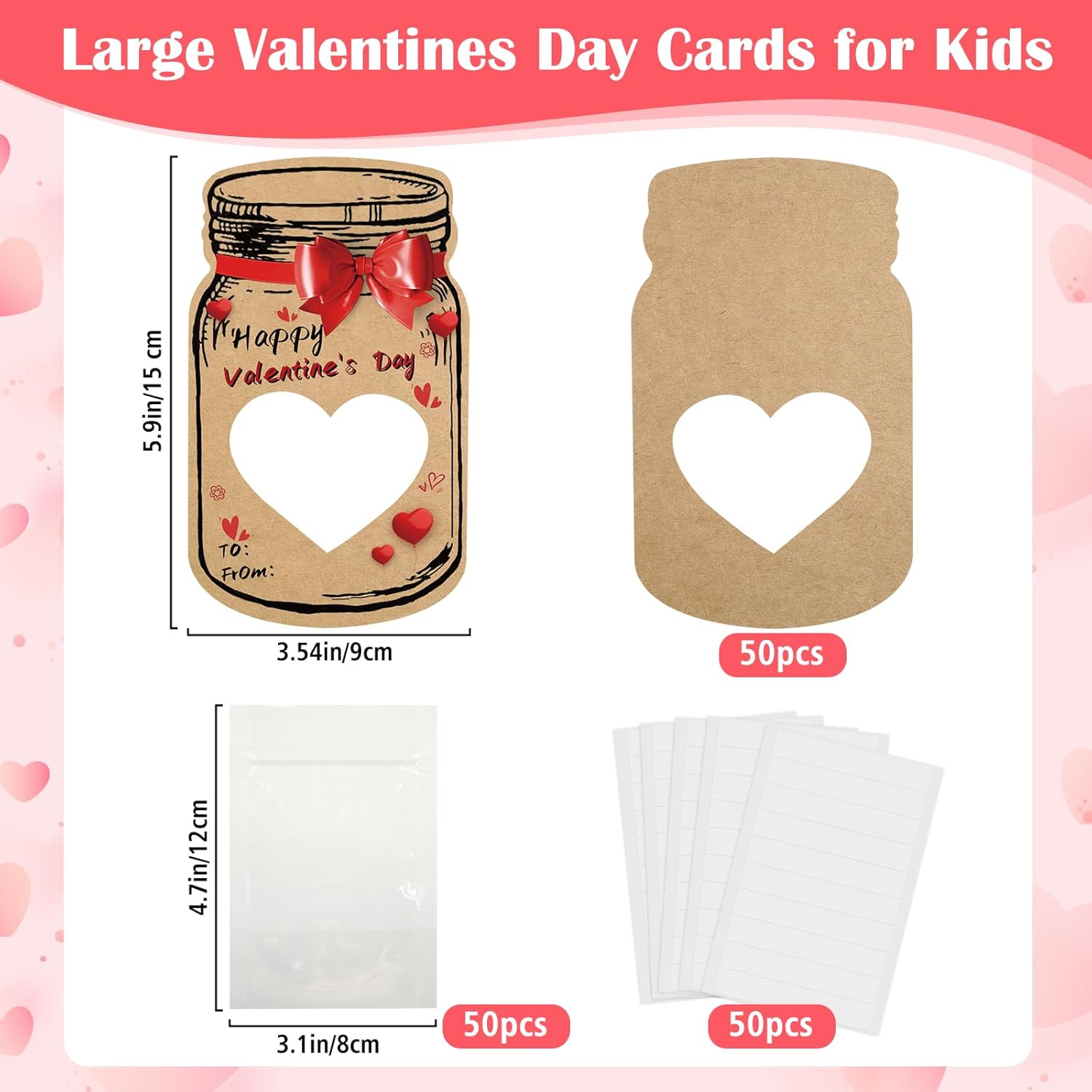 Valentines Day Cards For Kids School, 50 Pack Happy Valentines Day Cards For Classroom, Funny Mason Jar Valentine Exchange Cards For Kids Boys Girls Party Favors (Candy Not Included)