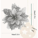 12 Pcs Poinsettia Flower Artificial Silver Christmas Flowers Artificial 5.5'' Glitter Poinsettias Artificial Christmas Tree Flower With Clips Diy Xmas Wreath Holiday New Year Home Party Decor