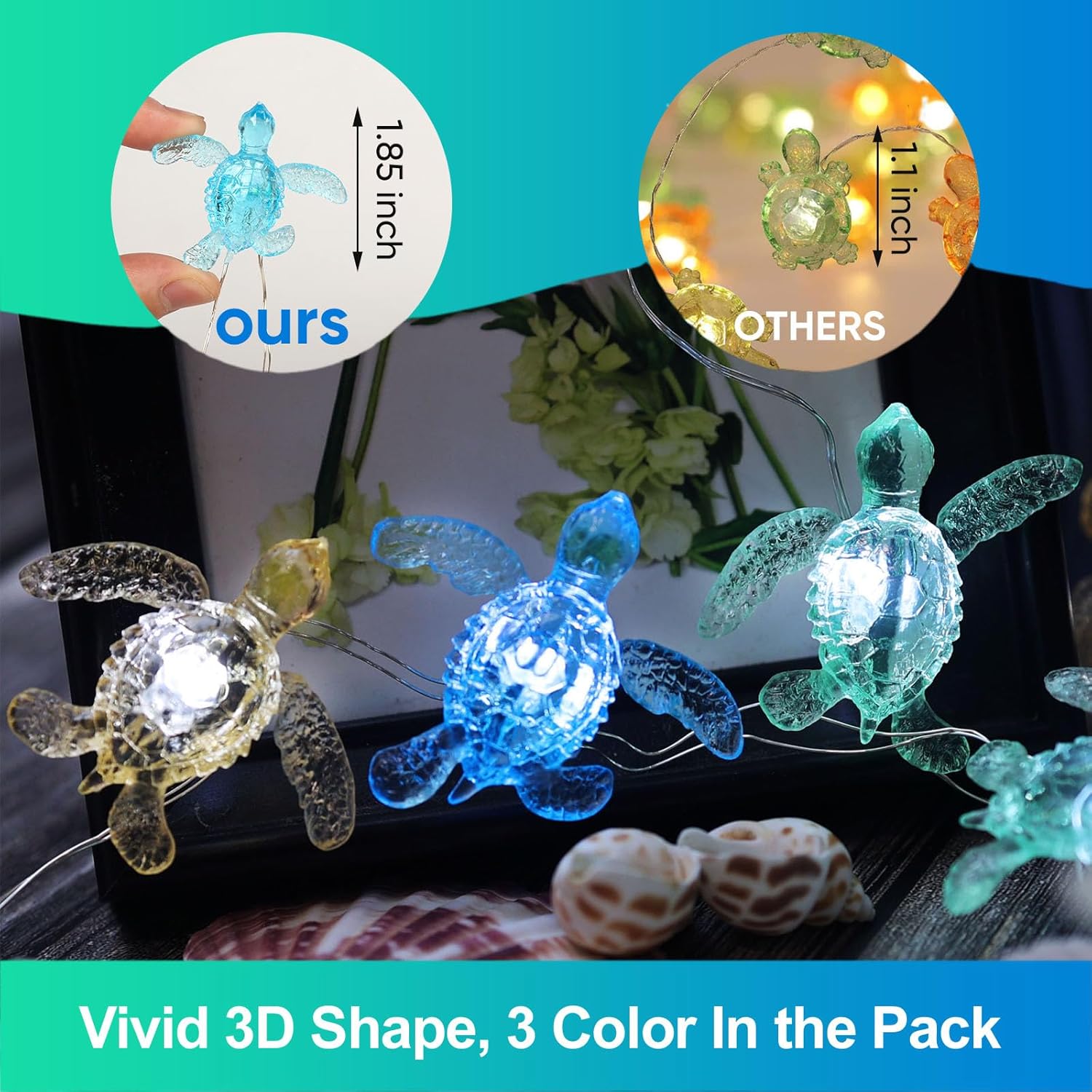 Turtle Decor String Lights, Beach Theme Decorations Lights For Christmas Decorations, Remote 10 Ft 30 Leds With Battery