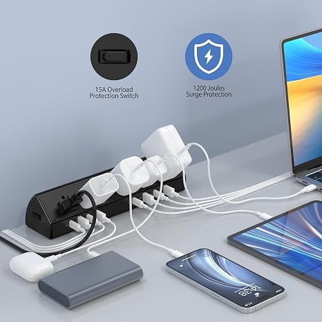 Desk Clamp Power Strip 13 Outlets 4 USB C 65W 10FT Surge Protector 1700J Black