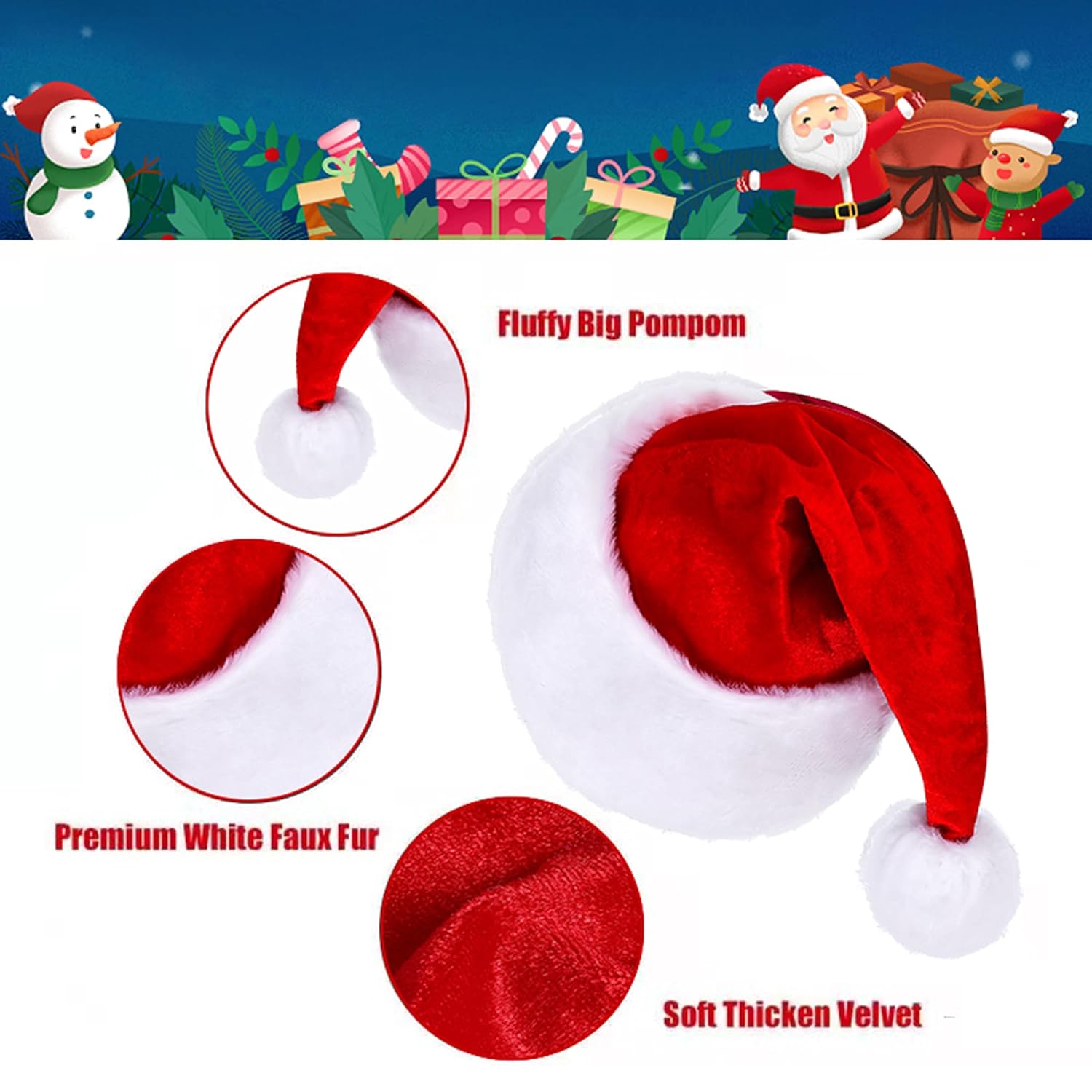 Santa Hat, Santa Hat For Adults, Unisex Velvet Comfort Red Christmas Hat Hats Extra Thicken Classic Plush For Christmas New Year Festive Holiday Party Supplies