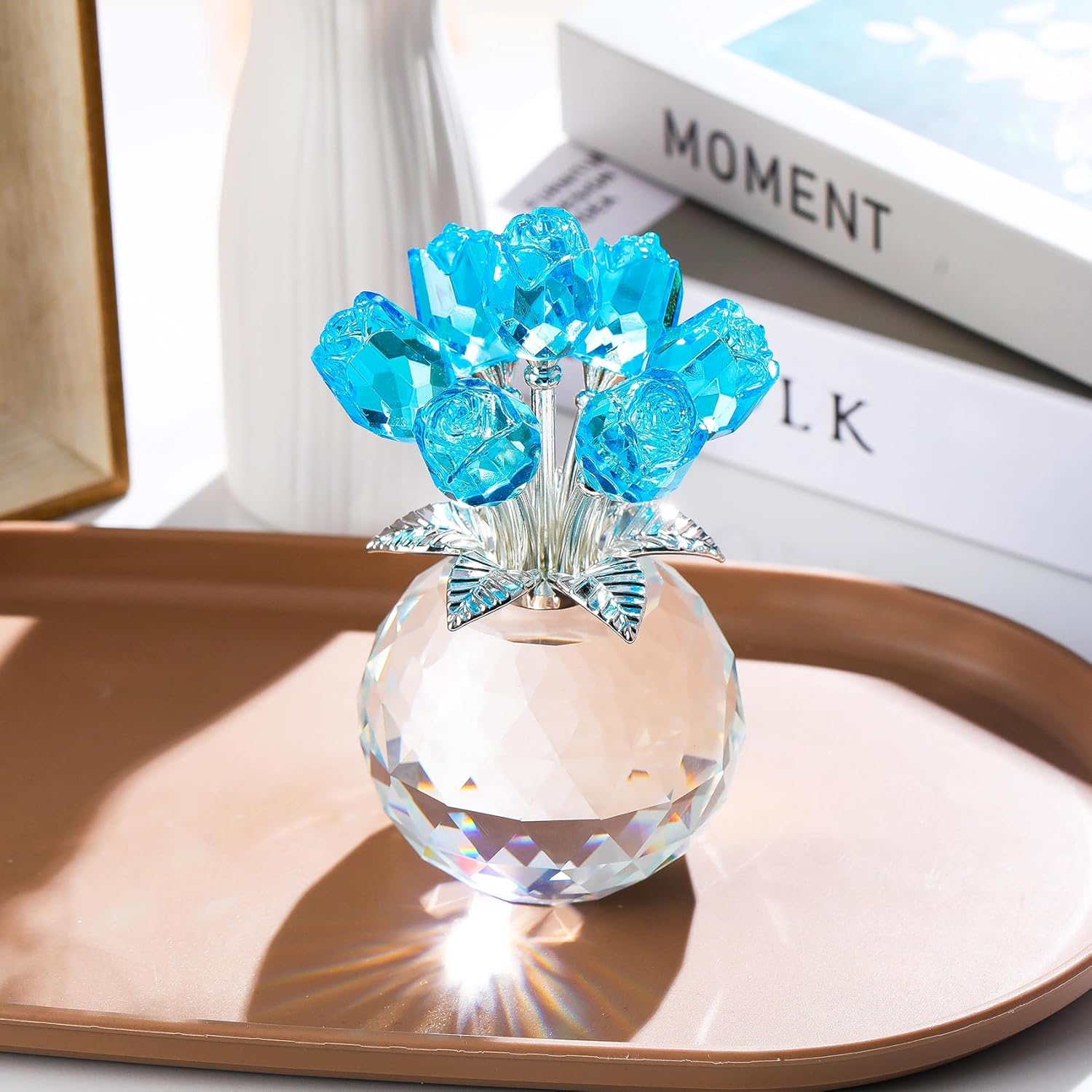 Crystal Lake Blue Rose Bouquet Figurine With Round Vase, Romantic Glass Rose Flower Gifts For Women Mom On Anniversary Birthday Christmas, Rose Collectible Figurine For Wedding Home Decorations