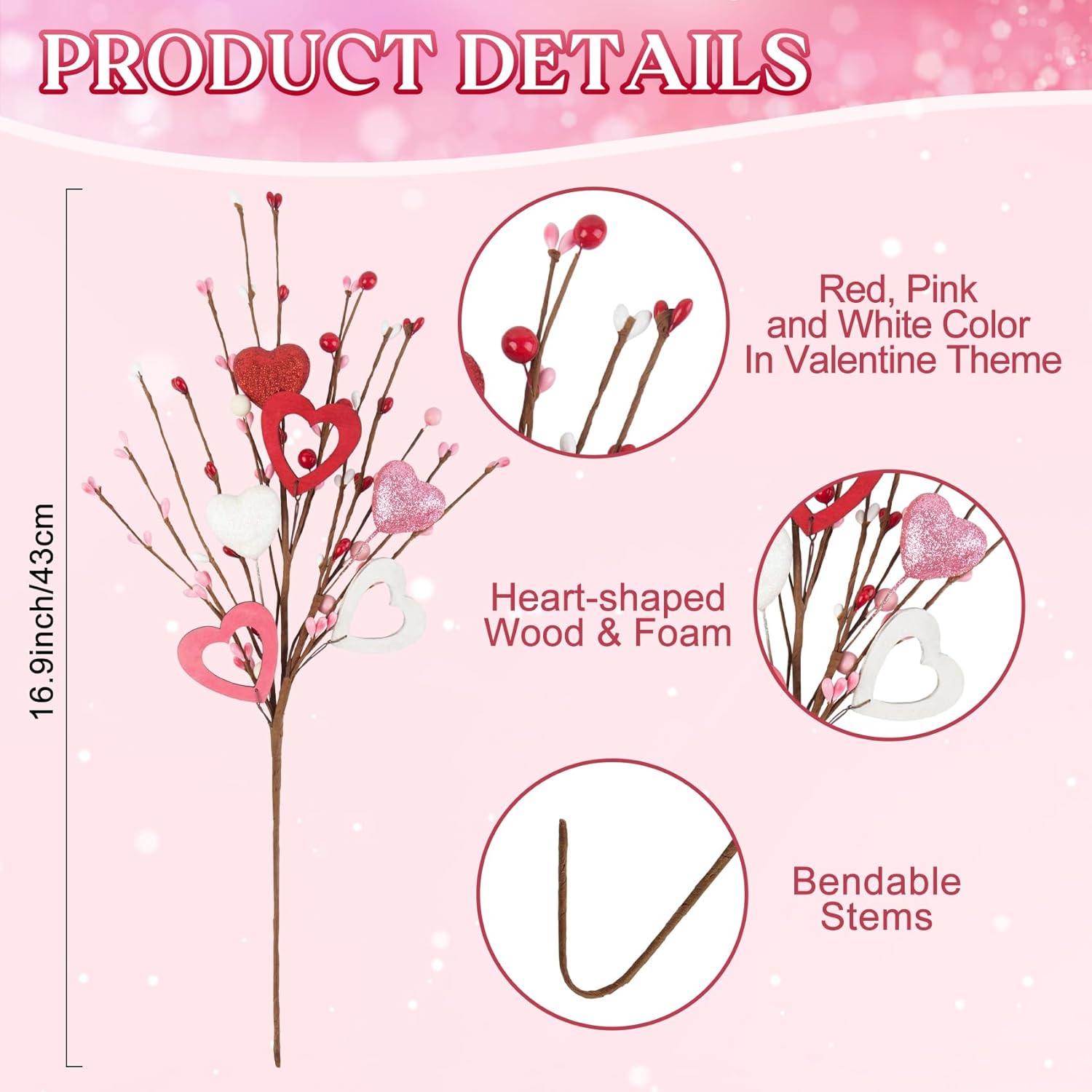 8 Pcs Valentines Flowers Decor, 17'' Artificial Hearts Picks Berry Stems Red Pink White Decorations For Valentines Gifts Anniversary Wedding Party Table Centerpieces Home Decor