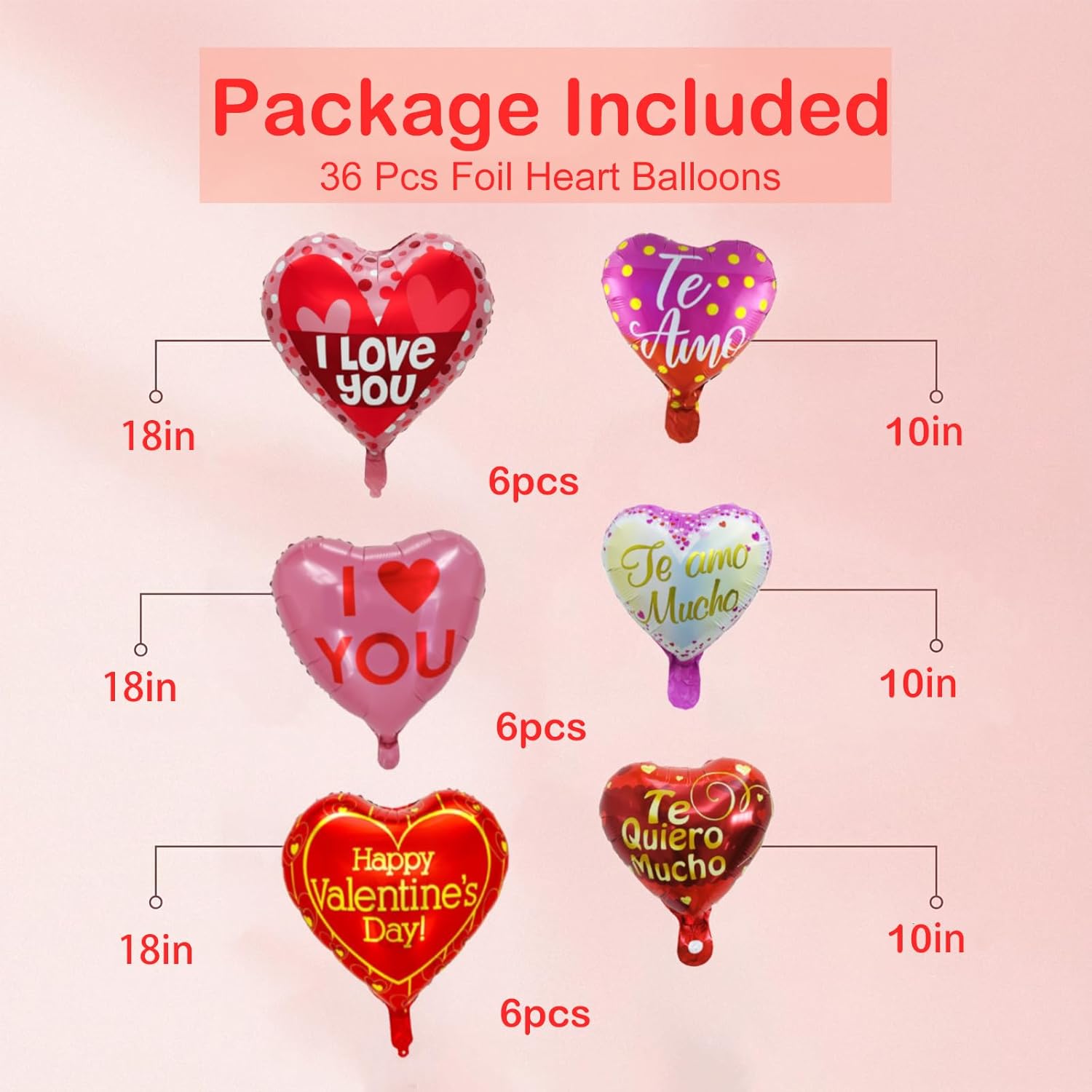 36Pcs Happy Valentine'S Day Balloons - Red Pink Heart I Love You Balloons For Valentines Day Decorations, Mix 18'' 18Pcs English & 10'' 18Pcs Spanish Foil Balloon For Romantic Photo Props, 6 Designs