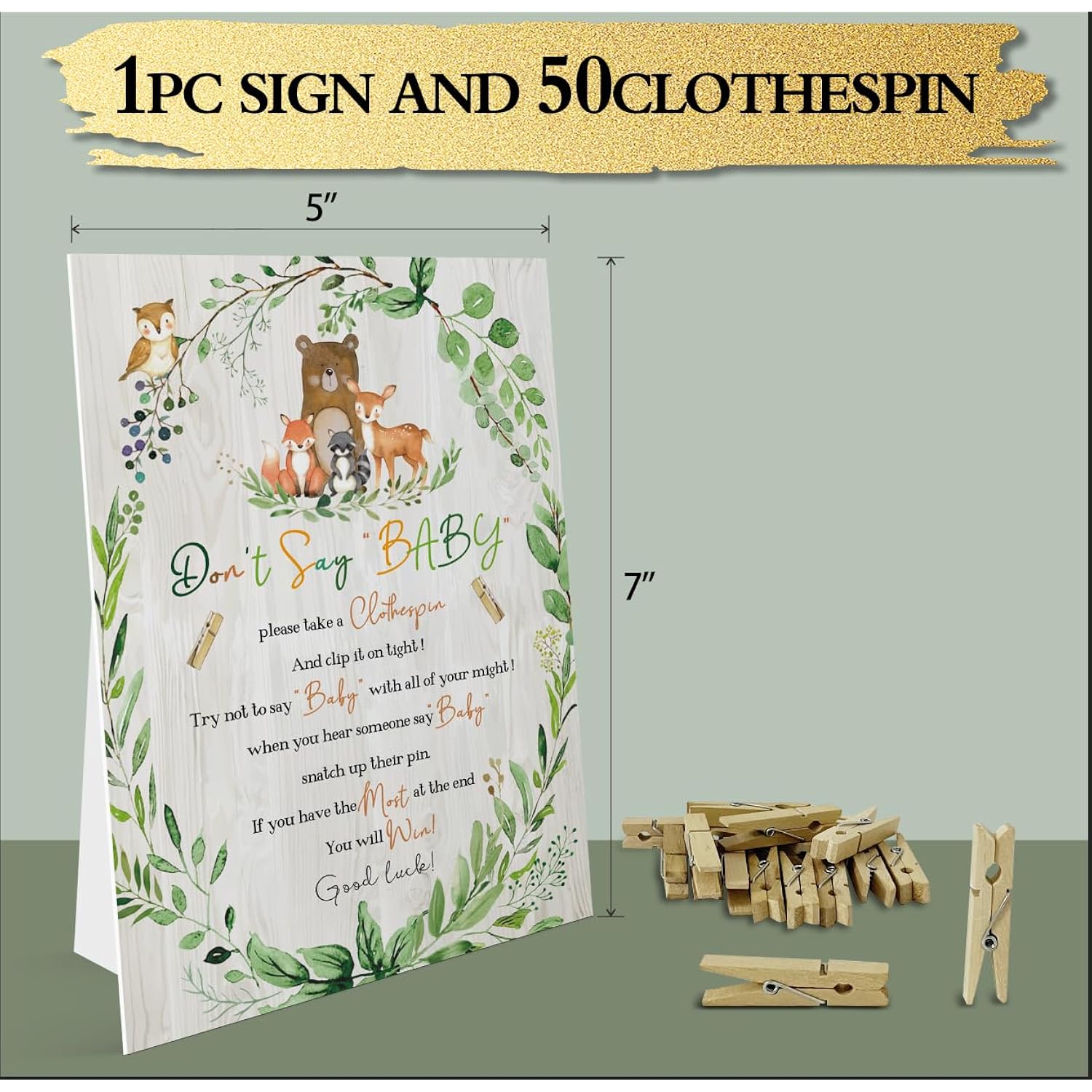 Don'T Say Baby Clothespin Game Sign (8×11??Woodland Animal Baby Shower Game Decoration Set?1 Sign + 50 Mini Clothespins)?Gender Neutral Boy Girl Baby Shower
