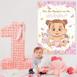 Pin The Pacifier On The Baby Game, Pink Baby Shower Decoration Pin Pacifier On Baby Poster Butterfly Theme Decor With 48 Pacifier Stickers Game For Baby Shower Party Birthday Party Supplies