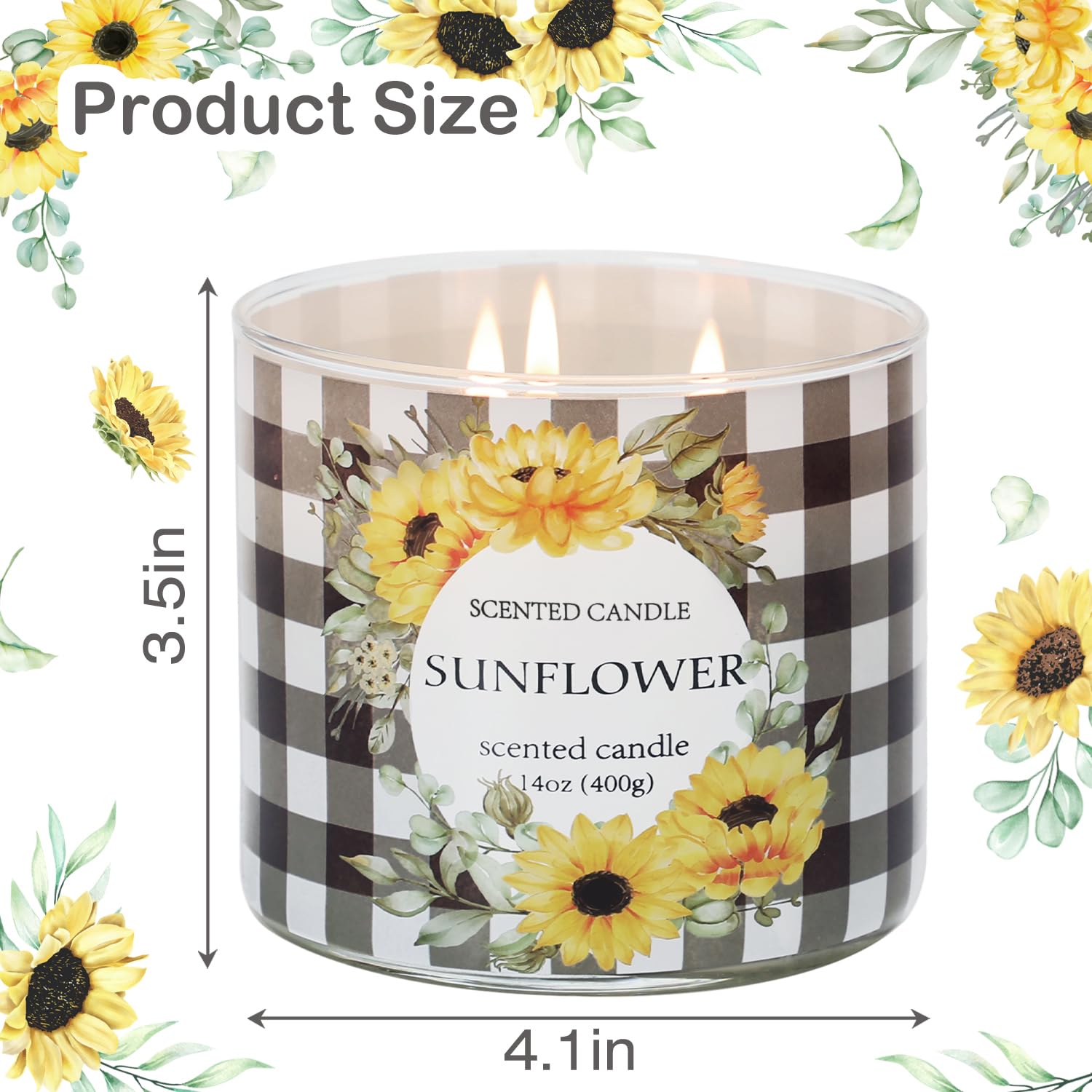 Sunflower Candle, Fall Candles, Sunflower Scented Candles Gift For Women, 3 Wicks Large Candle, 14 Oz