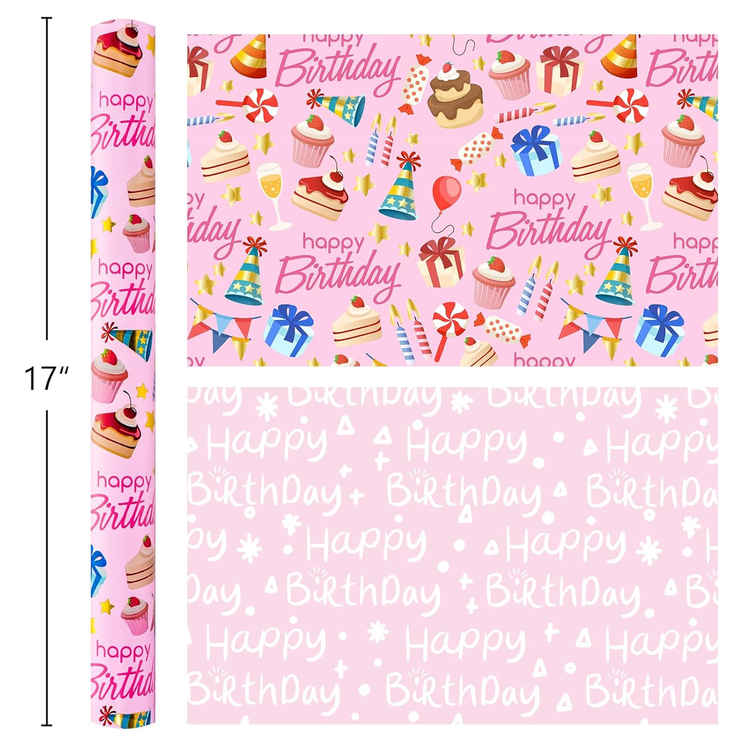 Pink Wrapping Paper, Reversible Happy Birthday Letterings & Festive Party Icons Gift Wrap For Girls, Birthday, Baby Shower, Party (17 Inch X 16.5 Feet)