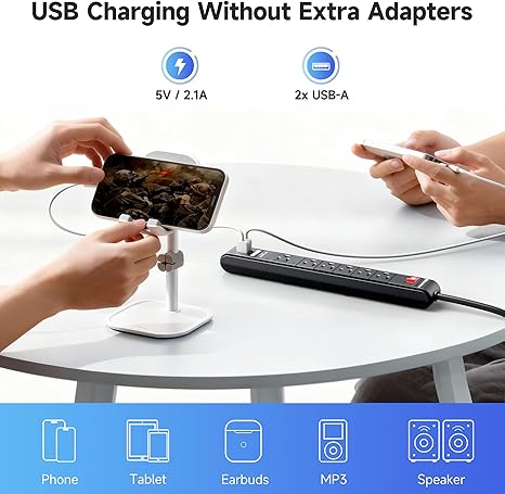 2 Pack 6 Outlet Surge Protector Power Strip with USB Ports 8FT Extension Cord Black