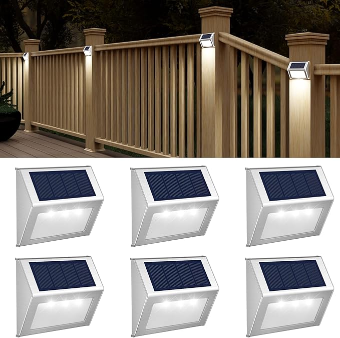 6 Pack Solar Deck Lights Waterproof 3 LED Cool White Fence Post Stair Wall Lights