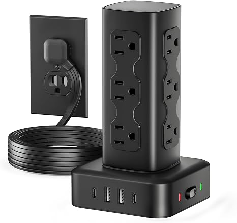 Power Strip Tower 12 Outlets 4 USB Ports 2 USB C 6FT Extension Cord Flat Plug Charging Station Black