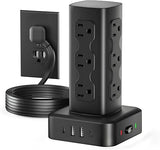 Power Strip Tower 12 Outlets 4 USB Ports 2 USB C 6FT Extension Cord Flat Plug Charging Station Black