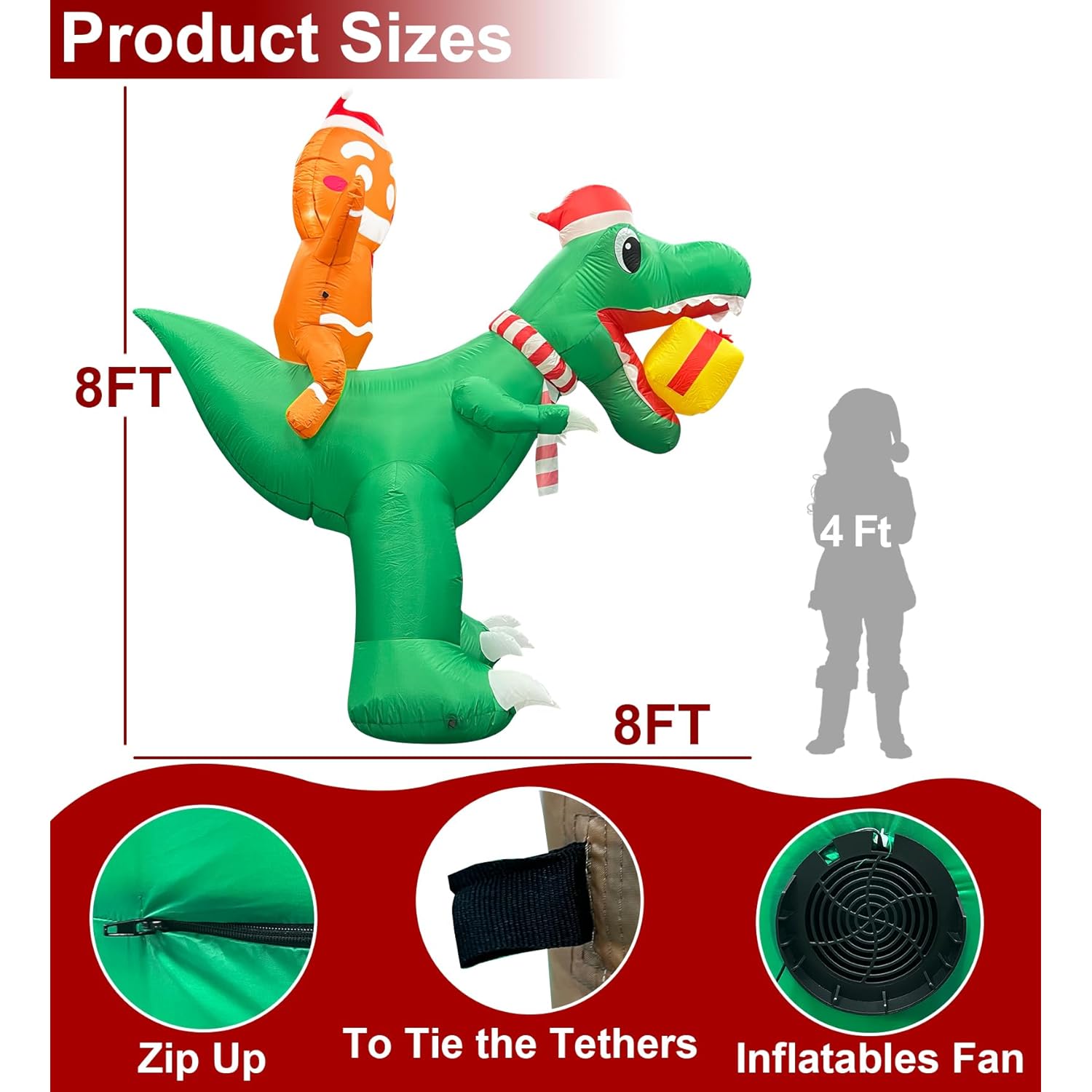 8 Ft Christmas Inflatable Gingerbread Man Ride On Dinosaur With Gift Box Outdoor Decoration Built-In Led Lights, Blow Up
