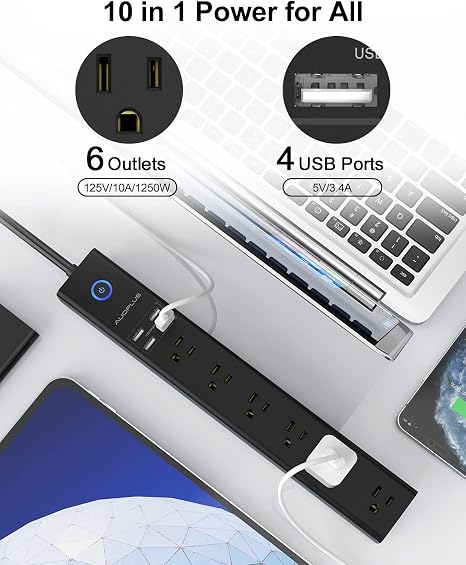 2 Pack Surge Protector Power Strip 6 Outlets 4 USB Ports 6FT Flat Plug Extension Cord