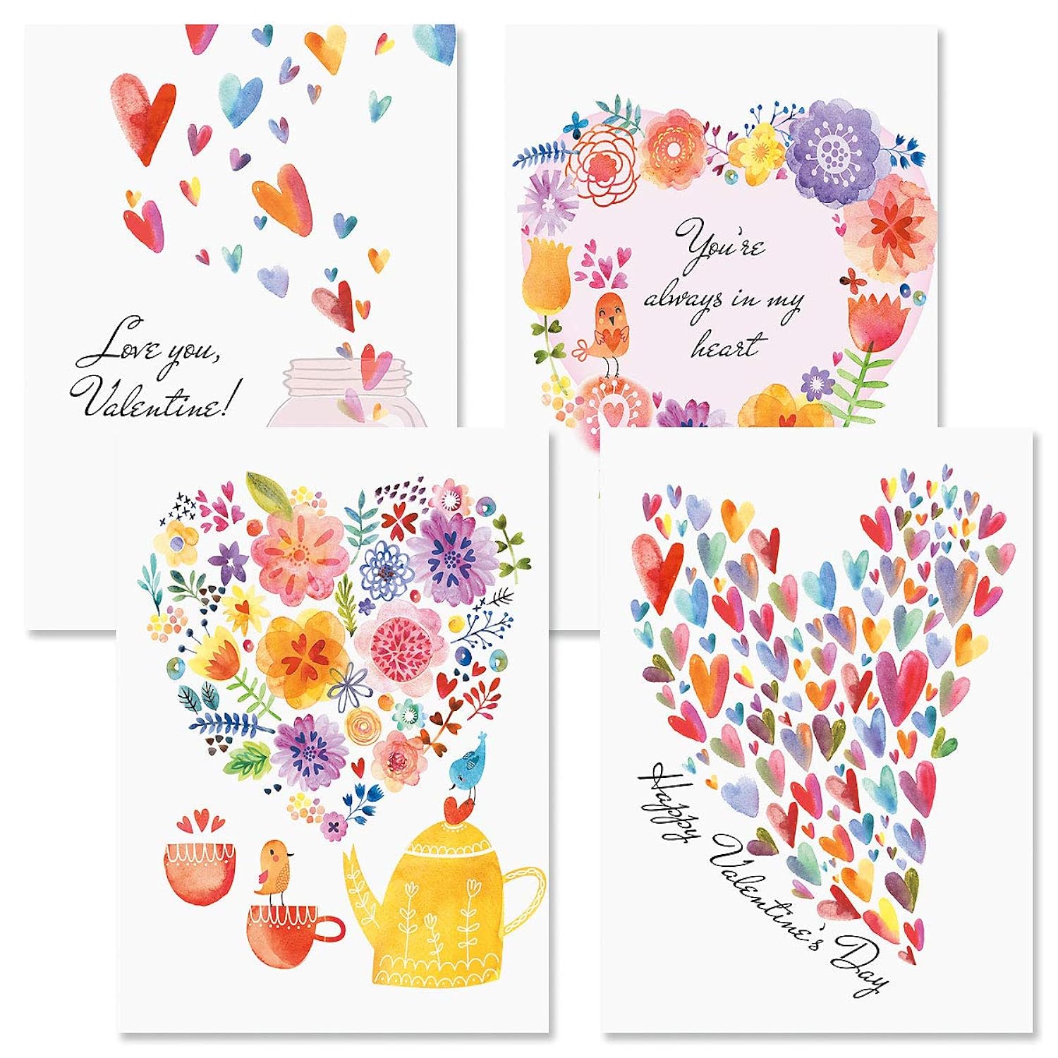 Current Paintbox Valentine Greeting Card - 8 Card Pack With White Envelopes, 4 Valentine Designs, Large 5" x 7" Cards with Sentiments