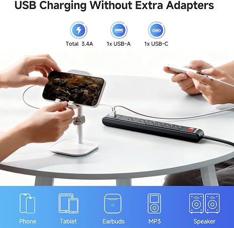 2 Pack 6 Outlet Surge Protector Power Strip with USB C and USB Ports 8Ft Cord Black