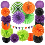 Black Purple Orange-Green Halloween Party-Decorations - 20pcs Paper Lanterns Fans,Tissue Pom Poms,Honeycomb Balls,Hotel Transylvania Hocus Pocus Birthday Baby Bridal Shower Wedding Decor