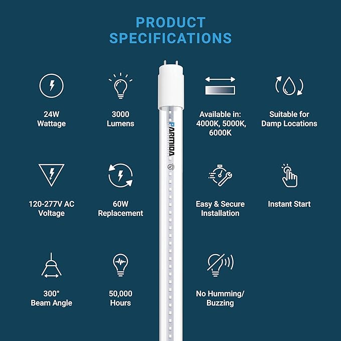 20 Pack 4FT T8 LED Hybrid Type A B Tubes 24W 3000LM 5000K Plug and Play Ballast Bypass