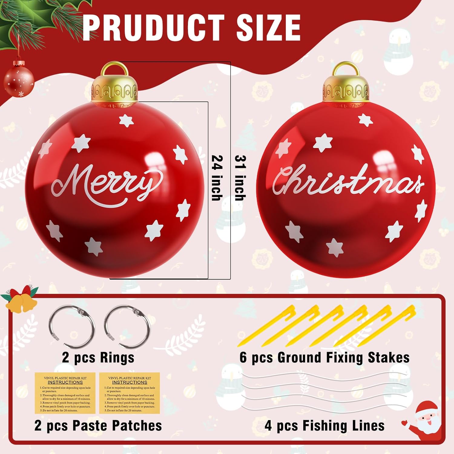 24In Christmas Inflatables Outdoor Christmas Decorations, 2 Pcs Large Christmas Ornaments Hangable Pvc Inflatable Christ