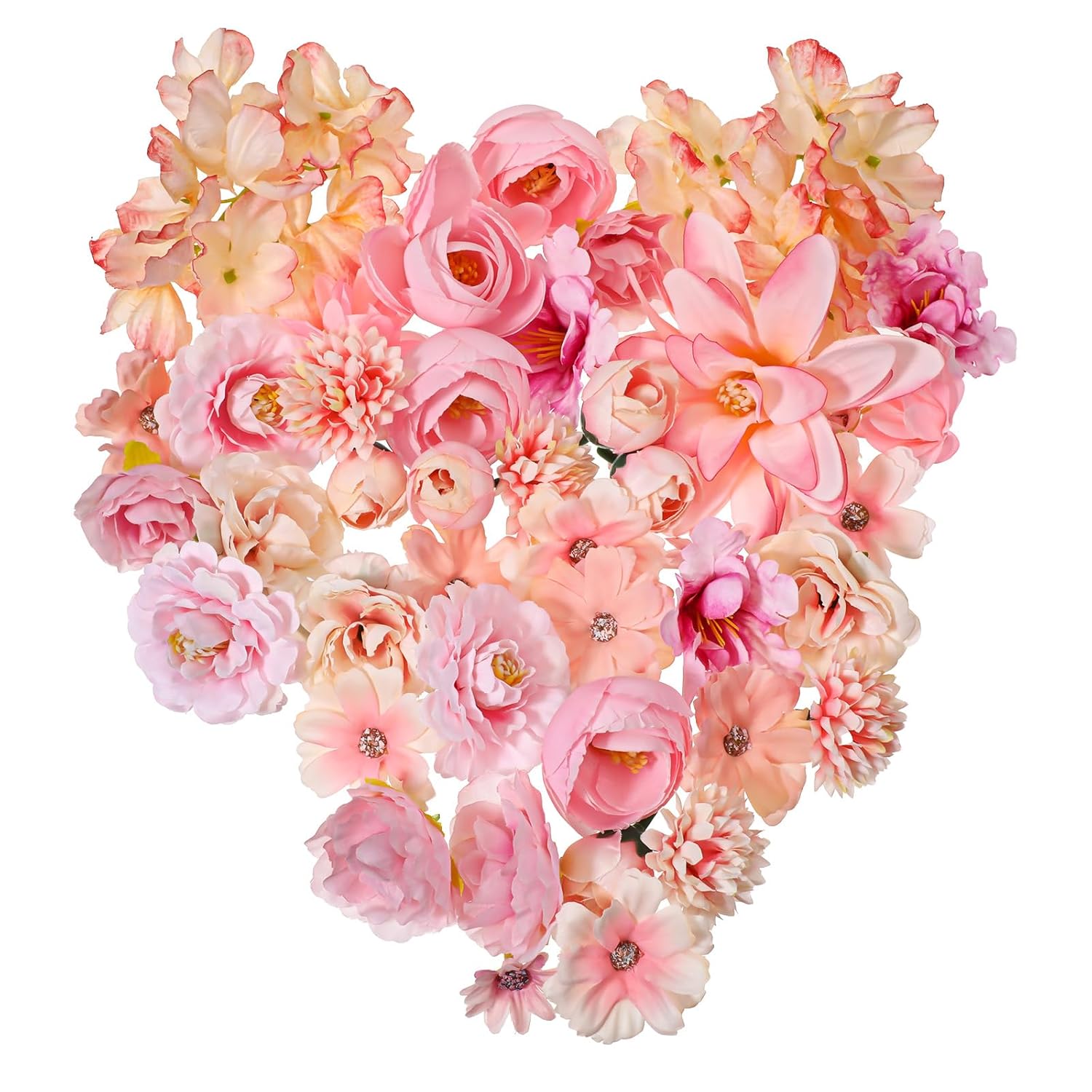 50 Pcs Fake Flower Heads, Mini Pink Artificial Flowers Heads, Bulk Silk Faux Flower, Faux Dahlia Peony Daisy Rose Hydrangea For Craft Garland Wedding Party Diy Home Decoration, 4-12 Cm, Pink