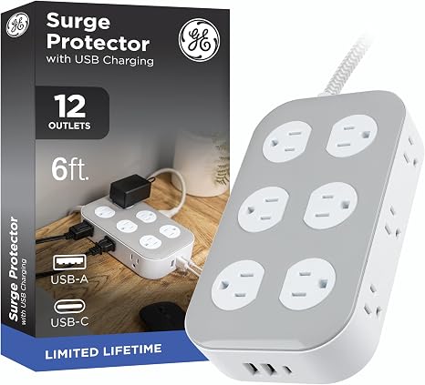 GE 12 Outlet Surge Protector 2 USB A 1 USB C 6FT Braided Cord White