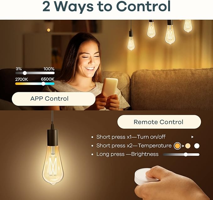 E26 Smart Edison Bulbs 4 Pack ST19 ST58 WiFi Tunable White 2700K-6500K Vintage LED 60W Equivalent Alexa Google Compatible