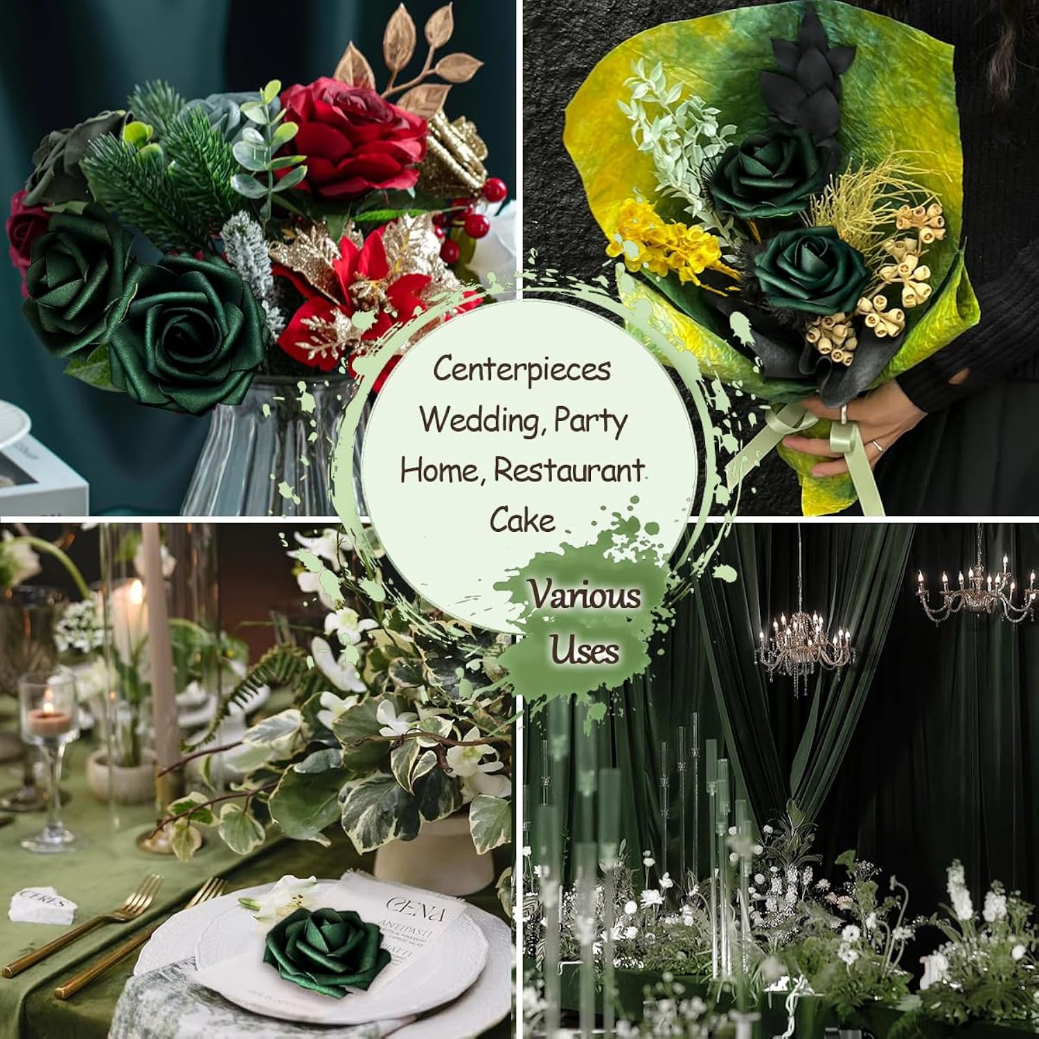 50Pcs Emerald Green Artificial Flowers Foam Fake Dark Hunt Green Rose With Stems 12 Leaves Real Looking Faux Roses For Wedding Bouquets Bridal Shower Centerpieces Arrangements Party Tables Decoration