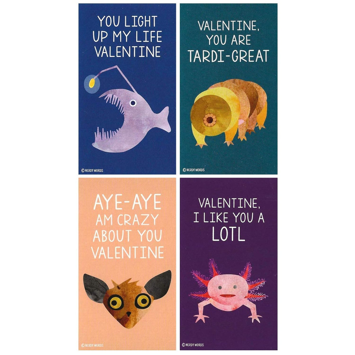 Mini Angler Fish Axolotl Tardigrade Aye Aye Strange Creature Valentines (Wallet-Sized Cards With Tiny Envelopes) For Valentine'S Day (Set Of 32)