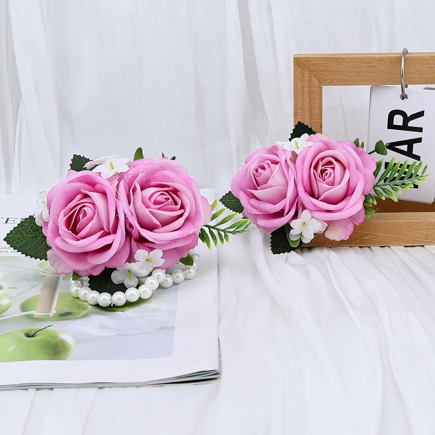 2Pcs Pink Rose Wrist Corsage Wristlet Band And Men Boutonniere Set, For Wedding Anniversary Ceremony Artificial Flowers Accessories Prom Party Suit Decorations