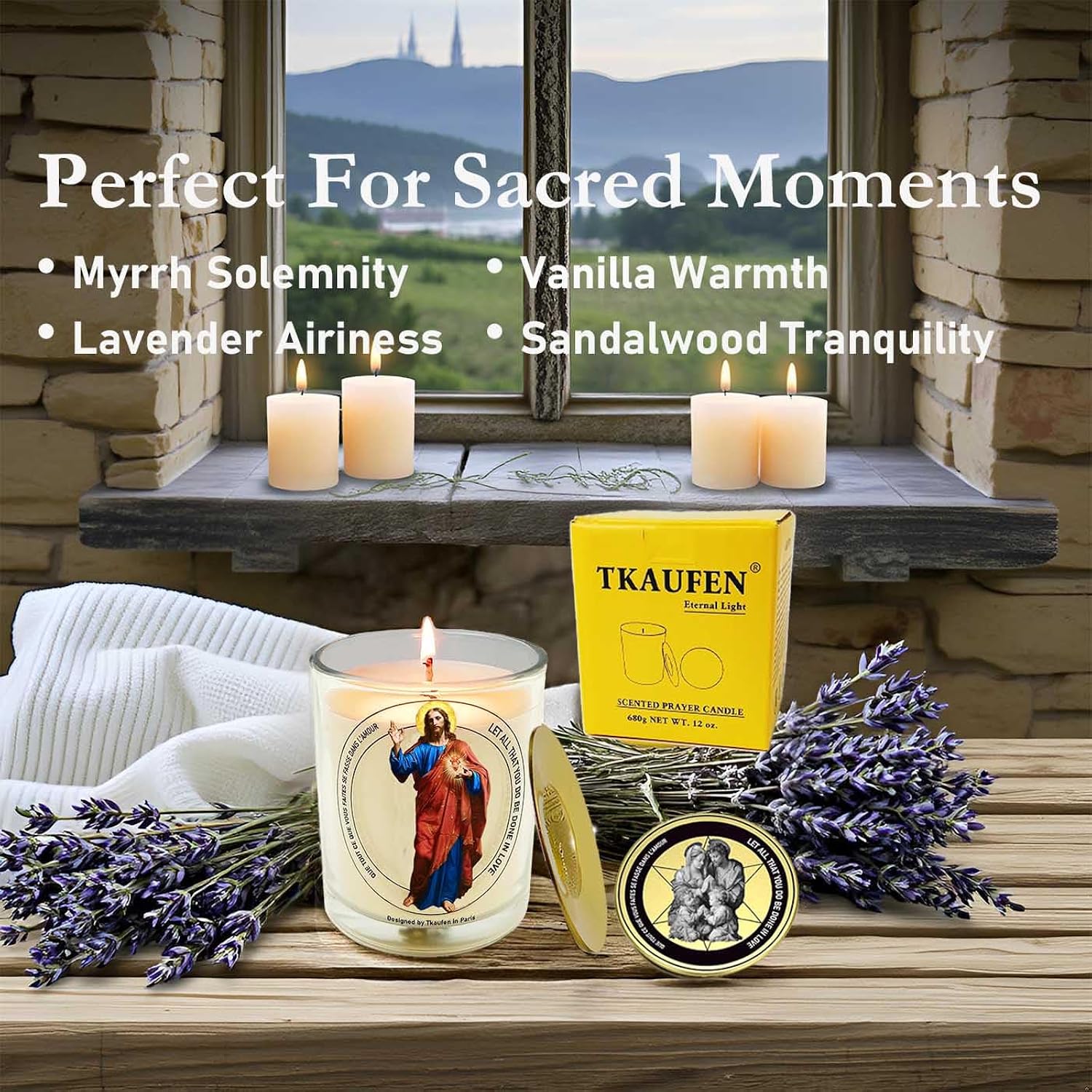 Sacred Heart Jesus Frankincense Myrth Lavender Scented Candle 50 Hours With Warmer Ring?Hand-Poured Soy Wax?Family Protection, Success, Redemption, Healing, Forgiveness?Design In Paris?3“×3.6”