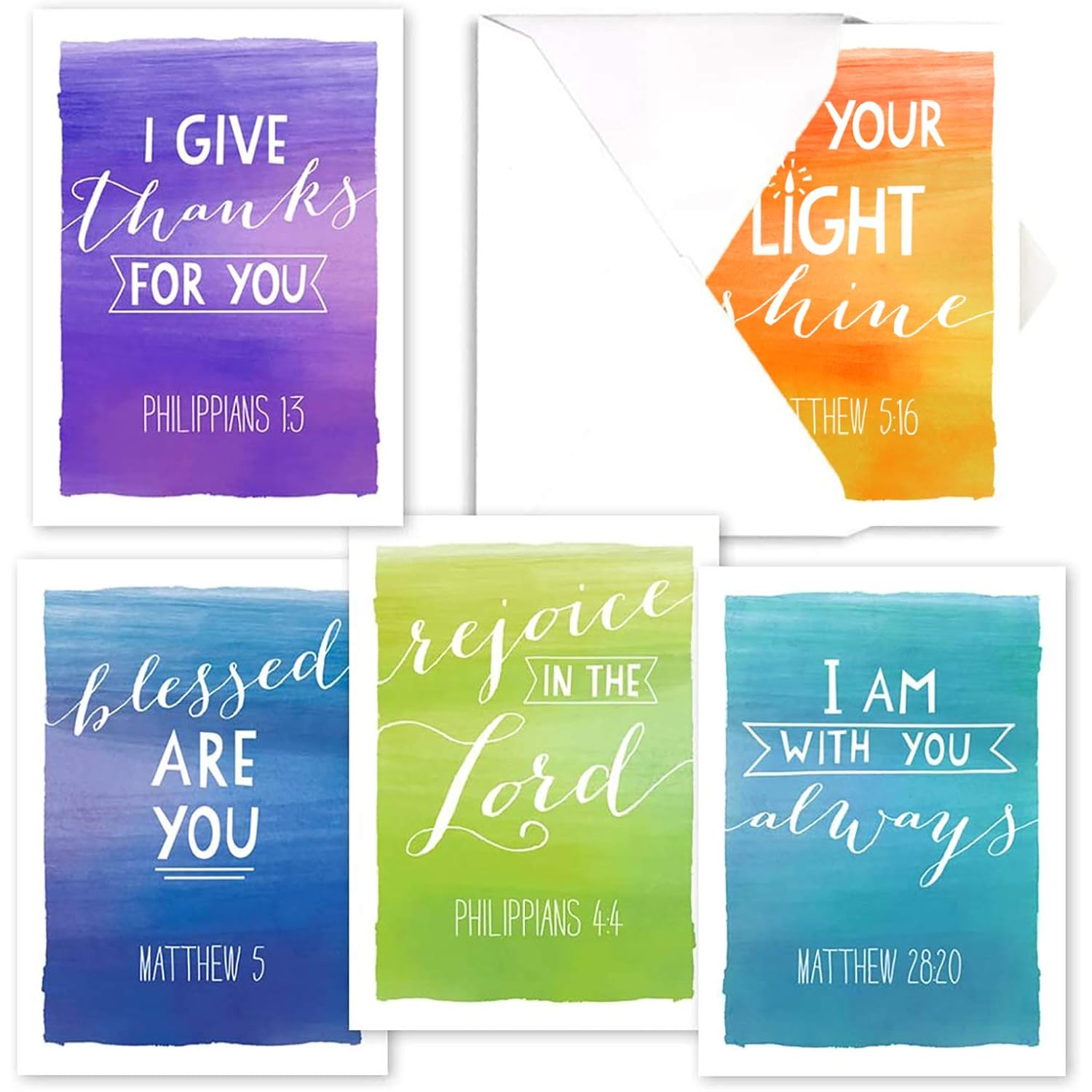 Religious Encouragement Note Card Pack / 25 Bible Verse Cards / 5 Vibrant Watercolor Designs / 3 1/2" X 4 7/8" Christian Greeting Cards