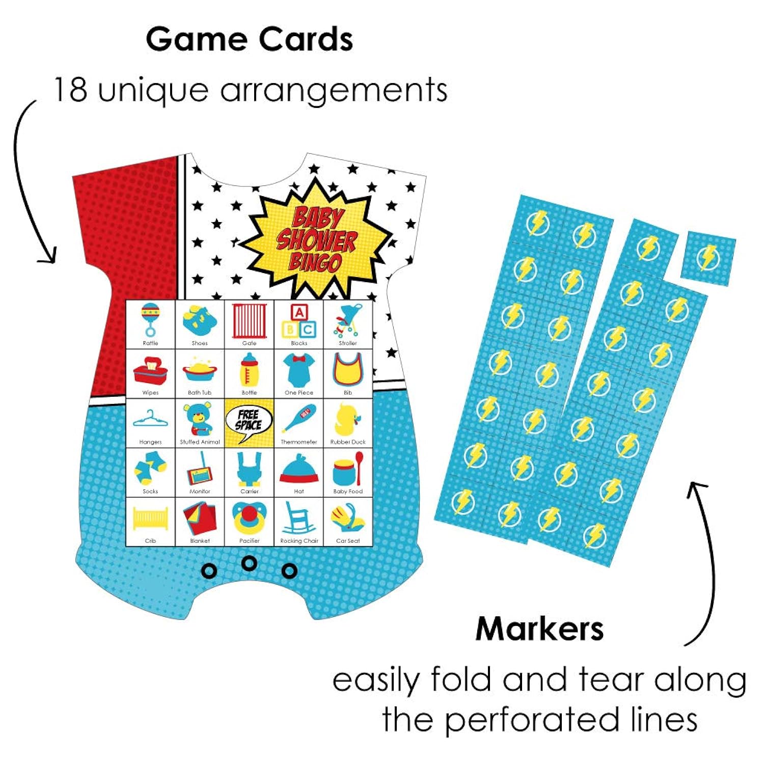Big Dot of Happiness Bam Superhero - Picture Bingo Cards and Markers - Baby Shower Shaped Bingo Game - Set of 18