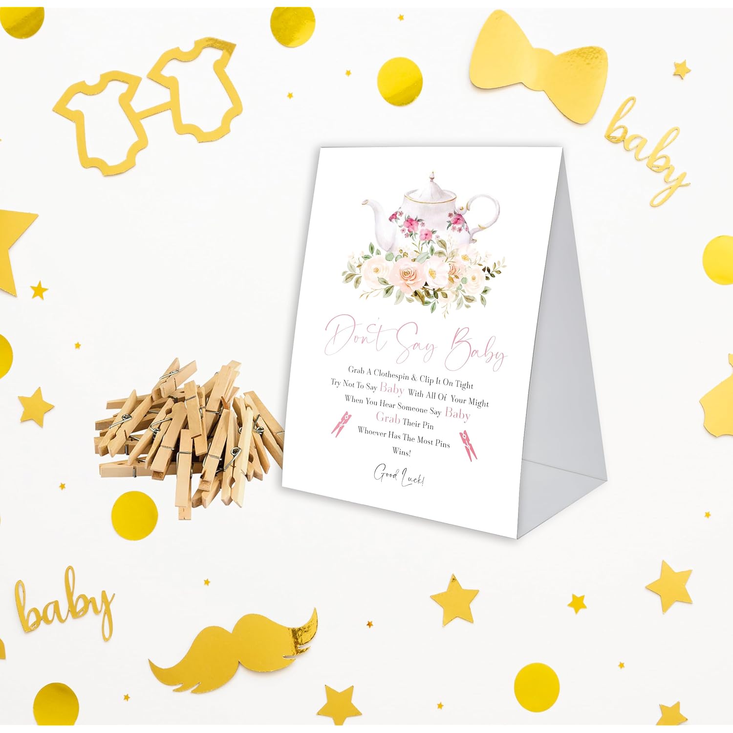 Don'T Say Baby Game For Baby Shower, 50 Wooden Clothespins And One Sign, Tea Party, Pins For Baby Shower Decorations, Gender Reveal Games, Baby Shower Supplies-Bb25