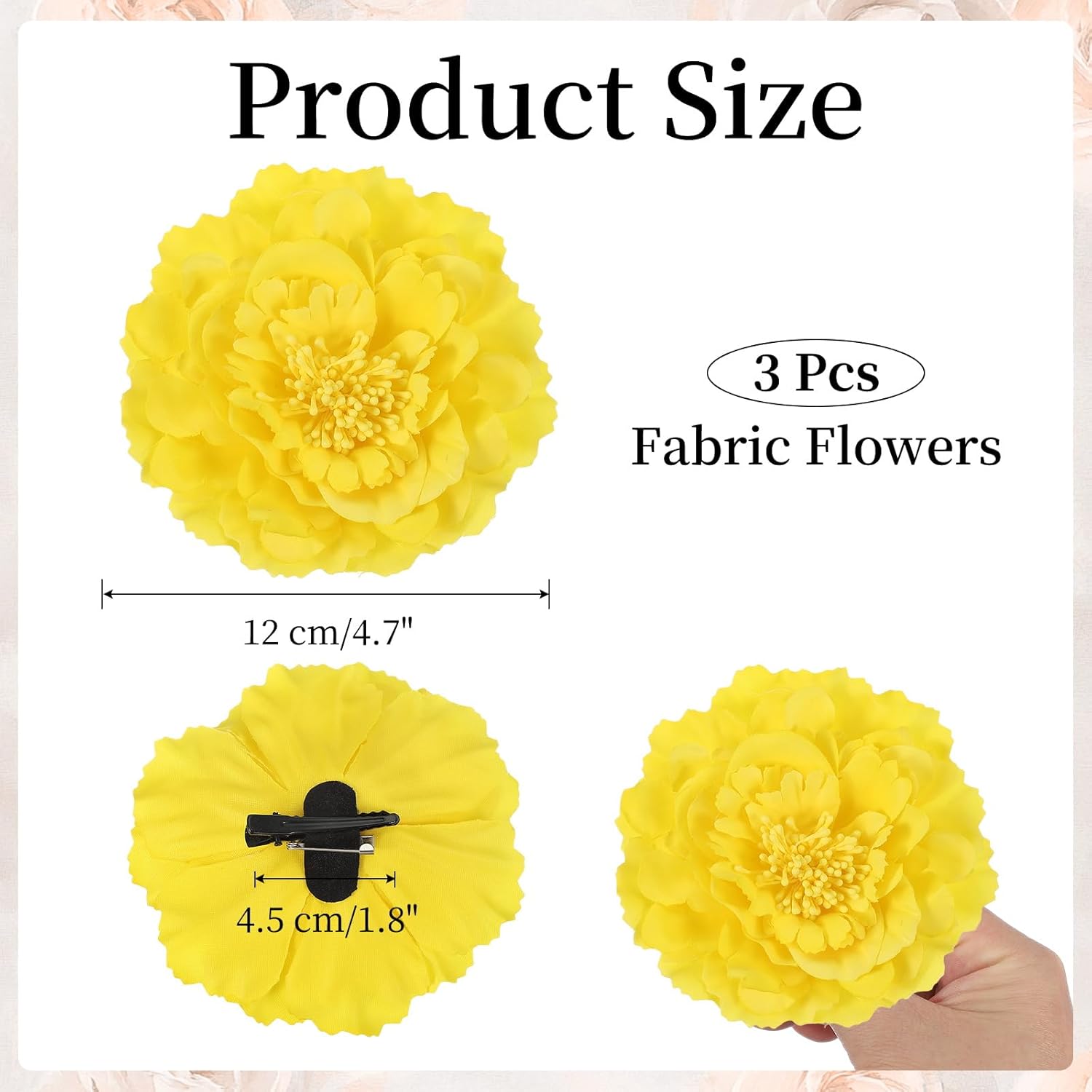 uxcell 3 Pcs Peony Flowers Hair Clip, 4.7 Inch Artificial Fabric Head Flower for Women Hair Pins Corsage DIY Crafts Clothing Wedding Birthday Party, Yellow
