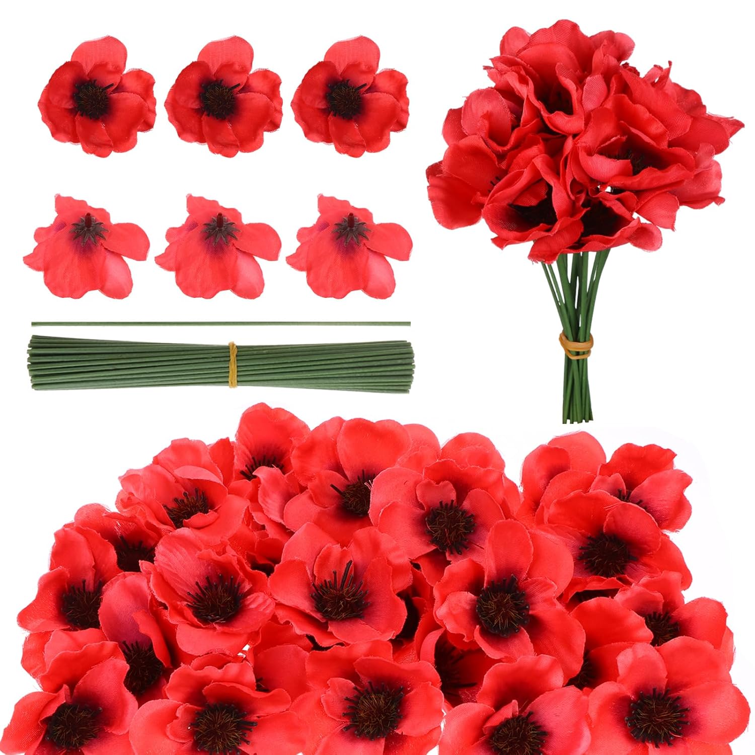 60 Set Red Poppy Artificial Flowers Fake Flowers Poppies Head With Flower Branch For Memorial Day Veterans Day Bouquet Wedding Party Corsages Home Kitchen Decoration