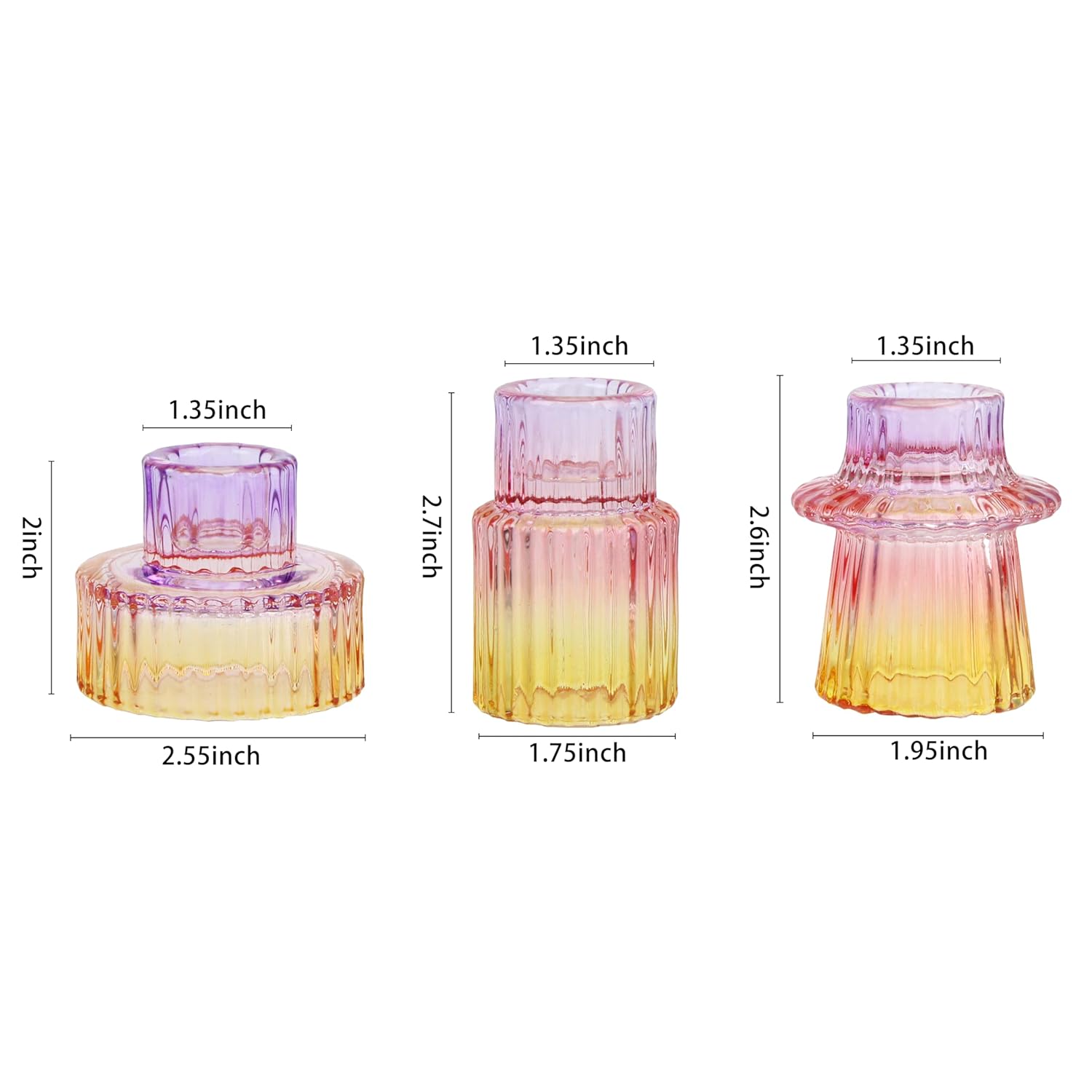 Taper Glass Candlestick Holders Tealight Candle Holders For Table Centerpieces, Wedding Decor And Dinner Party (6 Pcs, Purple-Pink-Yellow)
