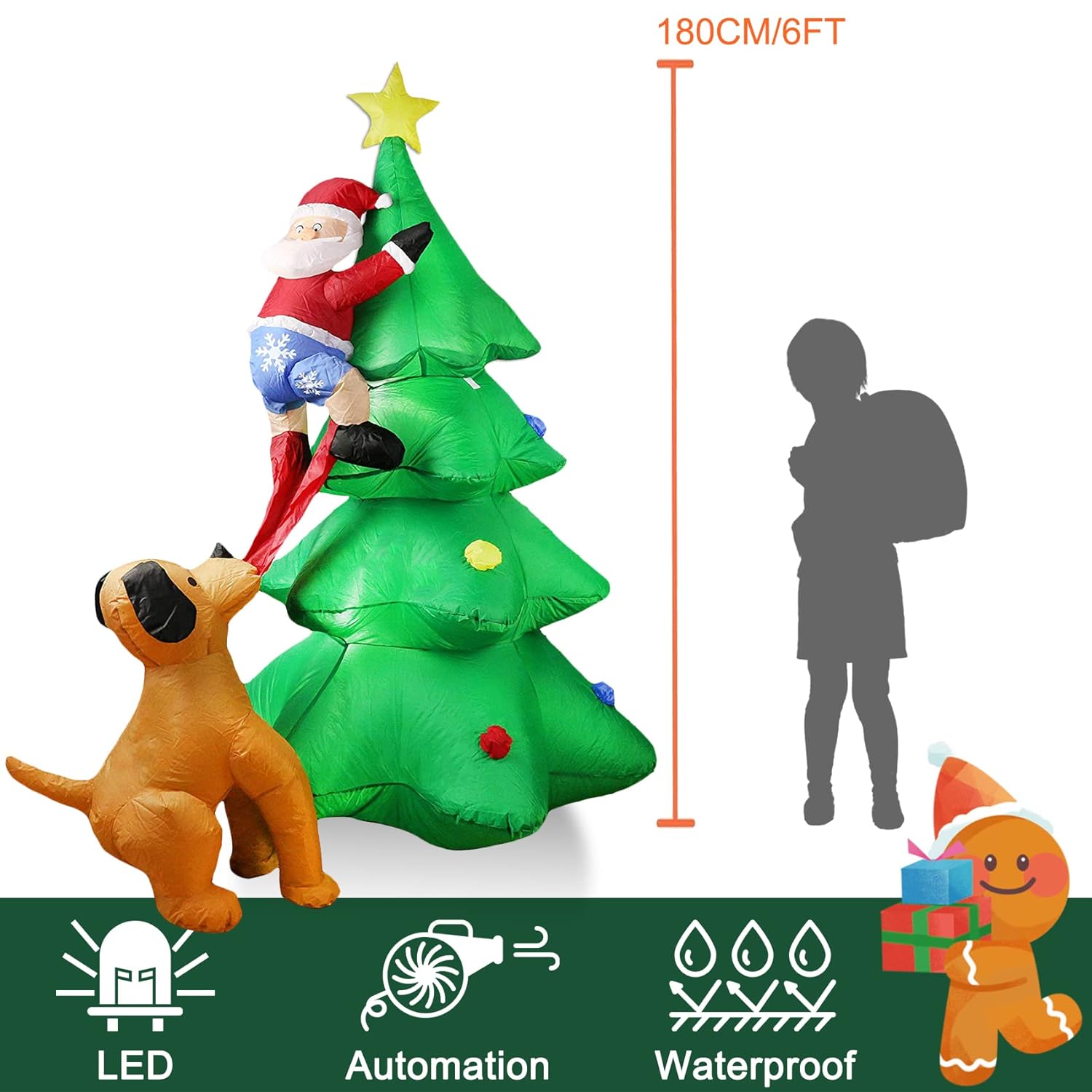 6.5Ft H Christmas Inflatable Tree With Build-In Led Lights, Funny Inflatable Dog Chasing Santa Claus,Blow Up Christmas O