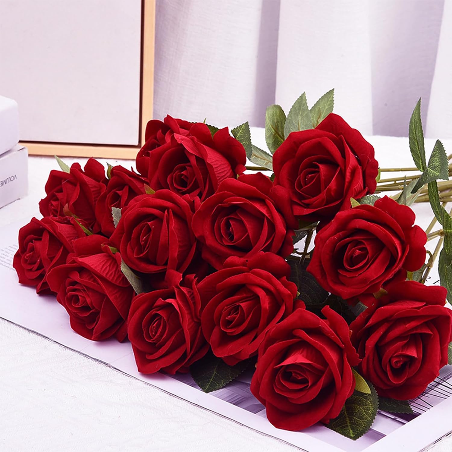 50 Pcs Red Roses Artificial Flowers, Real Touch Velvet Roses Bouquet Fake Flowers Bulk, Artificial Roses With Long Stems For Valentines Day Gift Diy Bridal Wedding Centerpiece Decorations