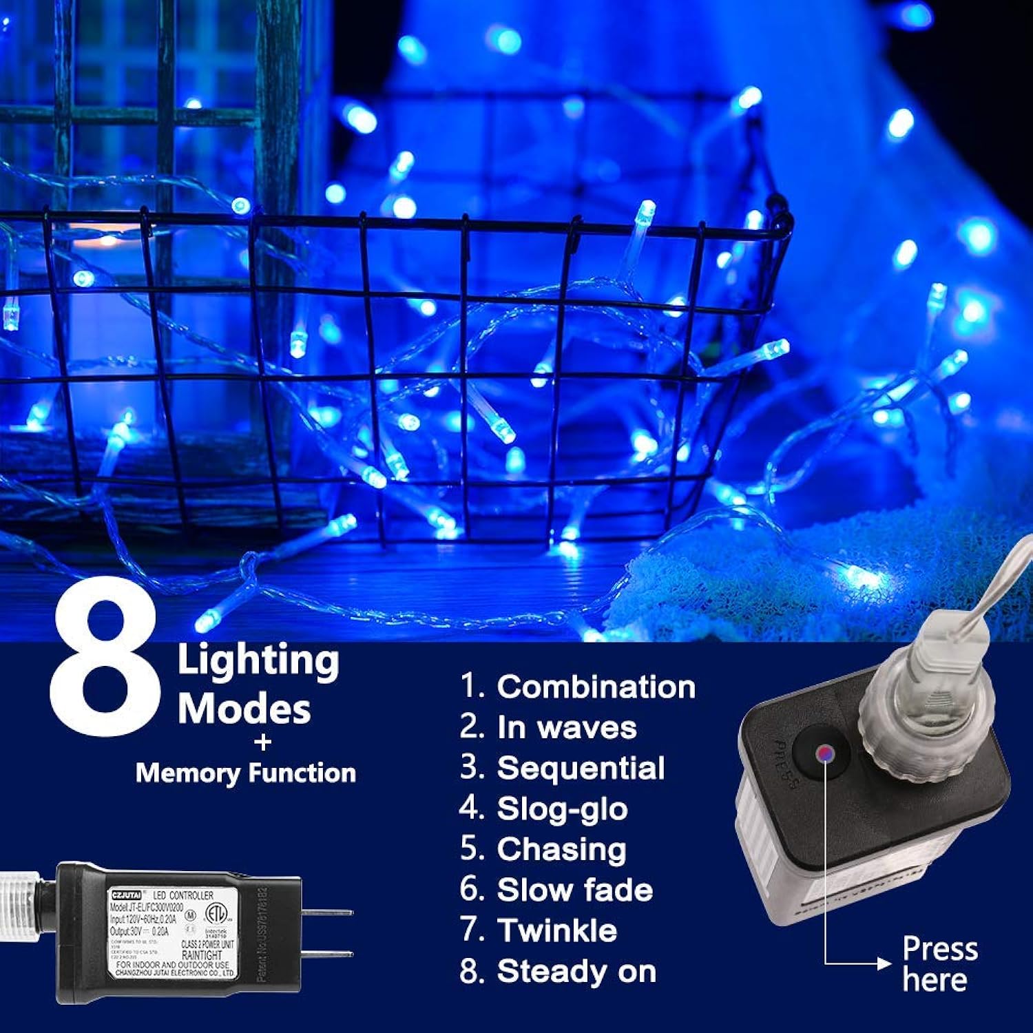 Christmas Indoor Lights Blue - 320 Leds 115Ft/35M End-To-End 8 Modes Plug In Outdoor Waterproof Decorative Fairy Twinkle