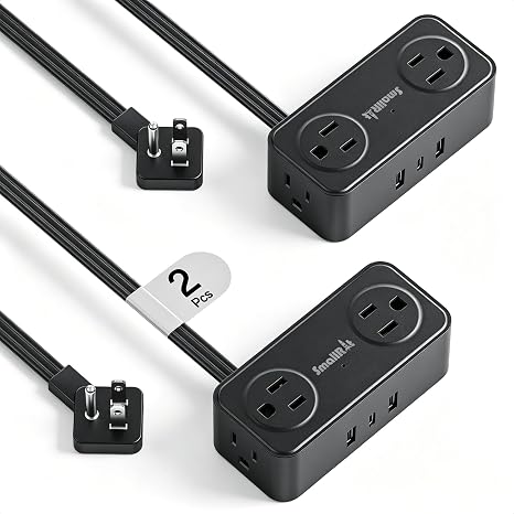 Flat Plug Power Strip 2 Pack 4 Outlets 3.3FT Extension Cord 4 USB Ports Travel Cruise Essentials Black