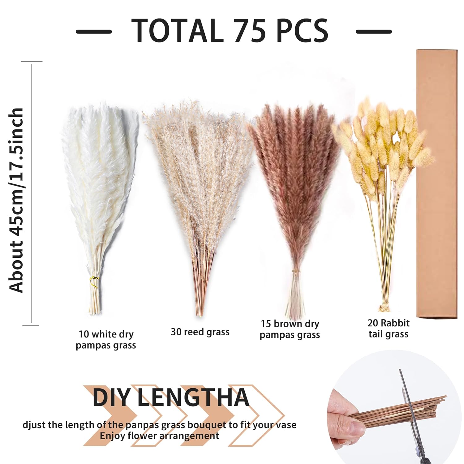 75Pcs Natural Dried Pampas Grass Decor - 17" Fluffy Pampas Grass Bouquet - Boho Home Decor Dried Flowers For Wedding Floral Room Home Party Table Decorations