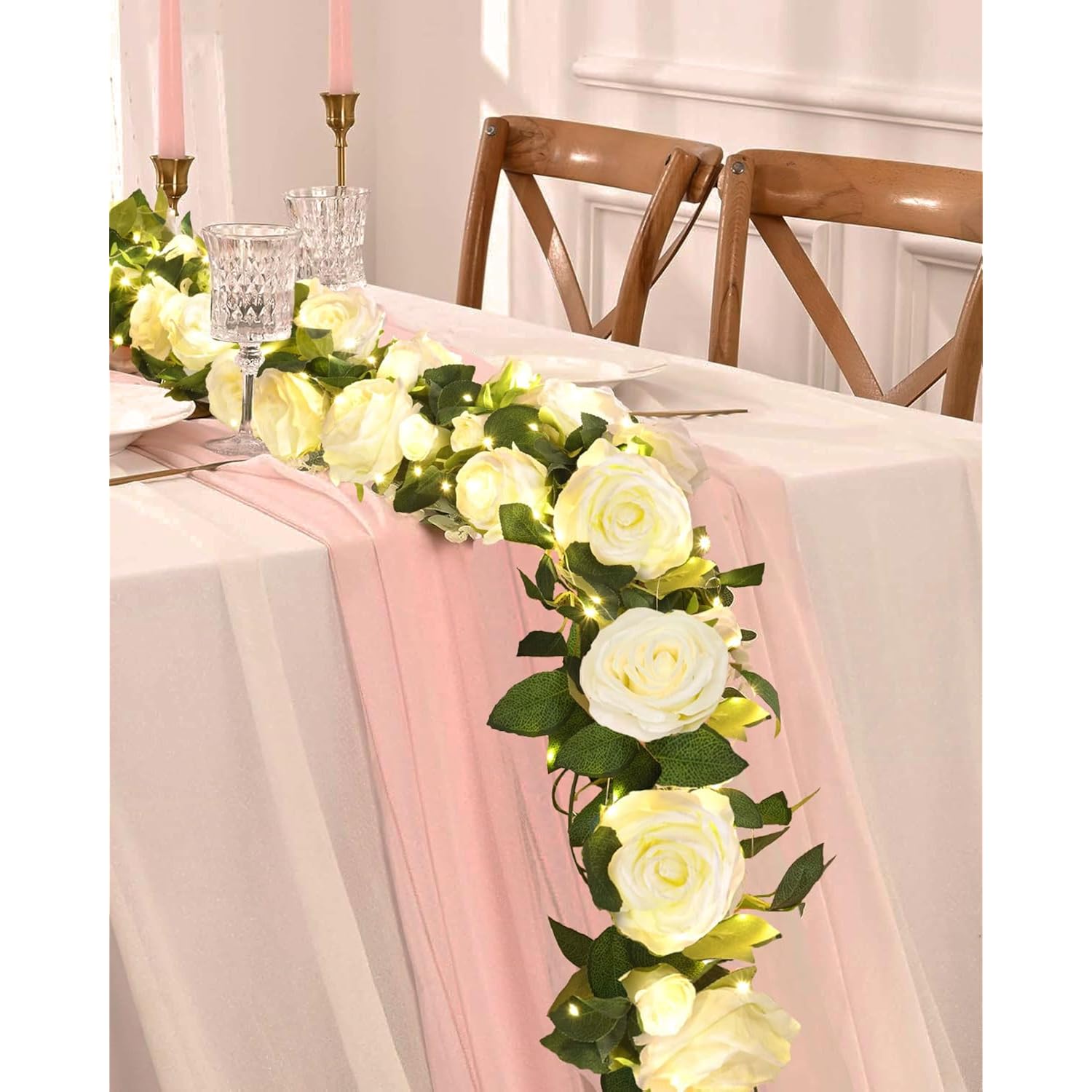 2 Pcs Flower Garland With 19.6 Ft Lights, 13.2 Ft White Floral Garland Fake Flowers For Home Wedding Party Wall Garden Room Outdoor Decor