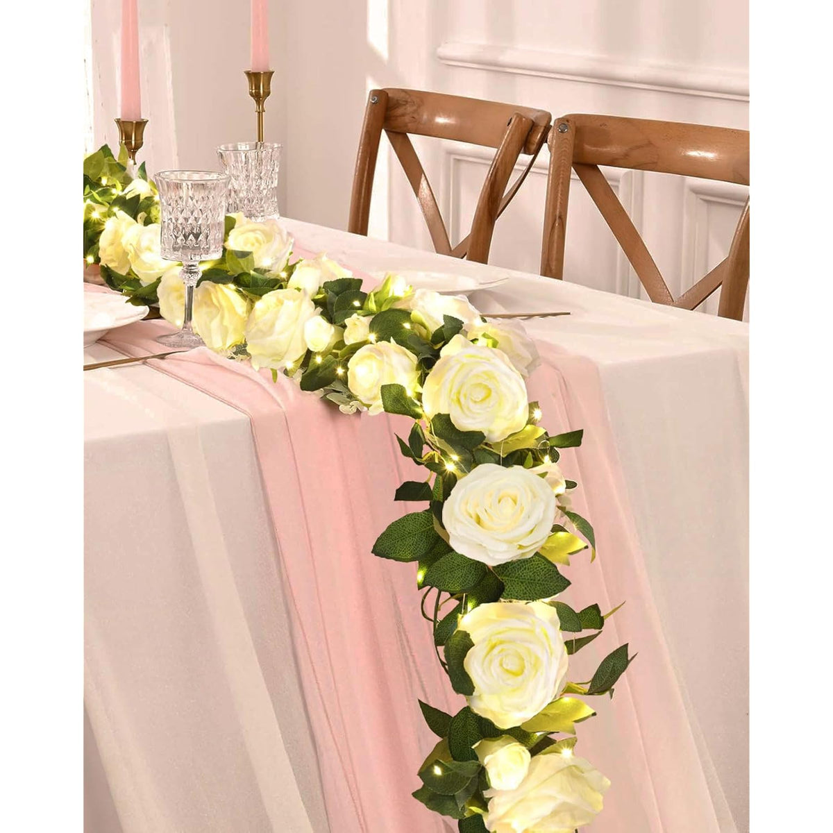 2 Pcs Flower Garland With 19.6 Ft Lights, 13.2 Ft White Floral Garland Fake Flowers For Home Wedding Party Wall Garden Room Outdoor Decor